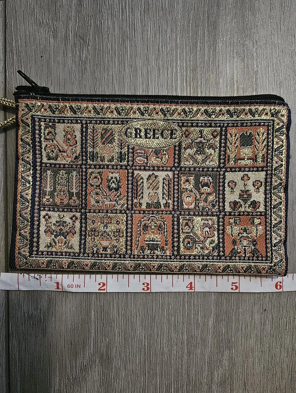 Source Unknown Greece Tapestry Zip Pouch - Black, Cream, Brown, Green, Orange
